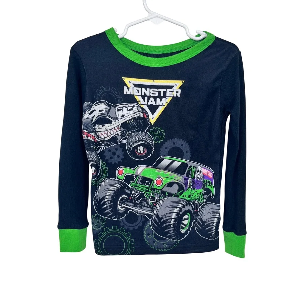 Monster Truck Pajama Set Boys Size 6 Black Green Grave Digger Max-D Graphic 2PC